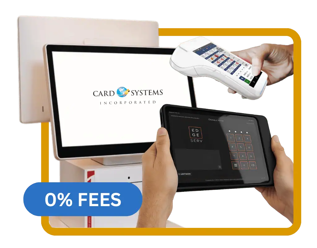 Card Systems restaurant POS - register, handheld card reader, and EdgeServ tablet - highlighting 0% processing and local Southwest Florida support.
