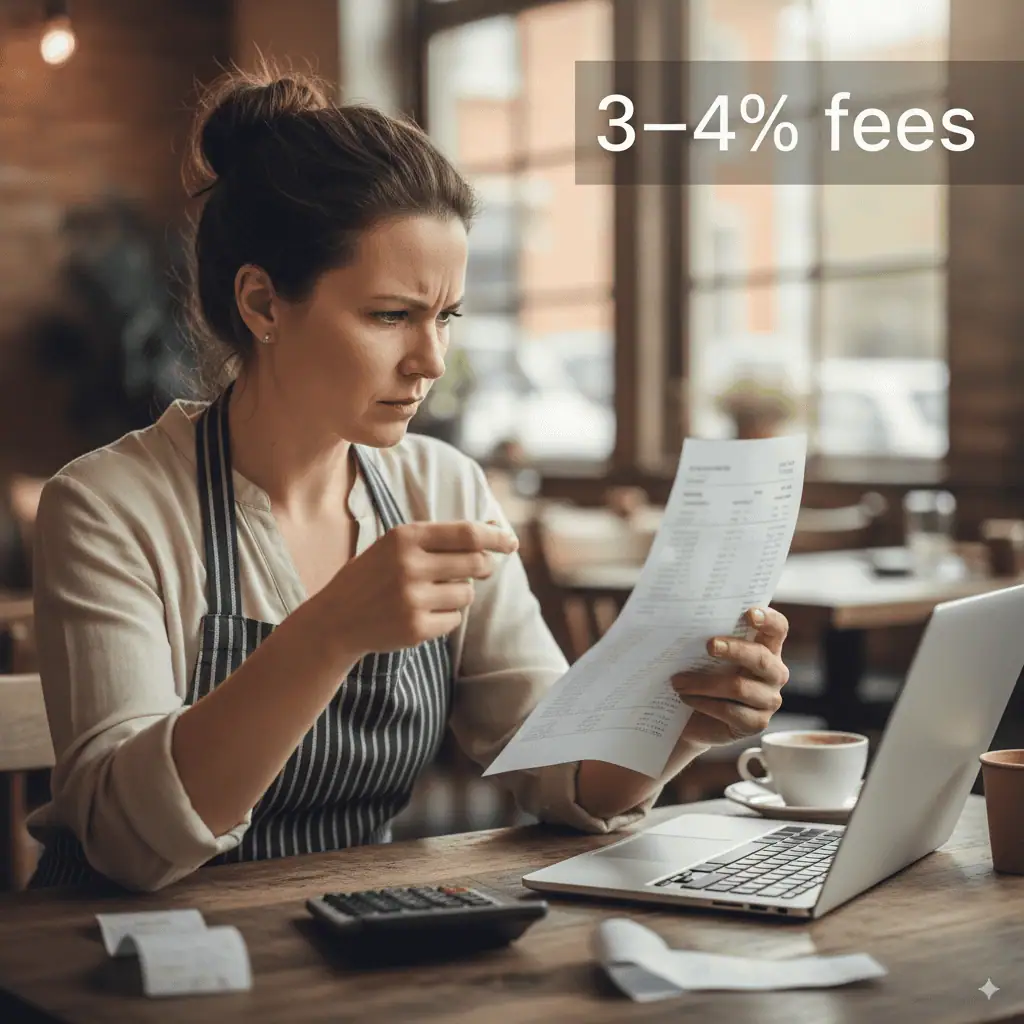 Restaurant owner frustrated reviewing credit card fees on sales statement.