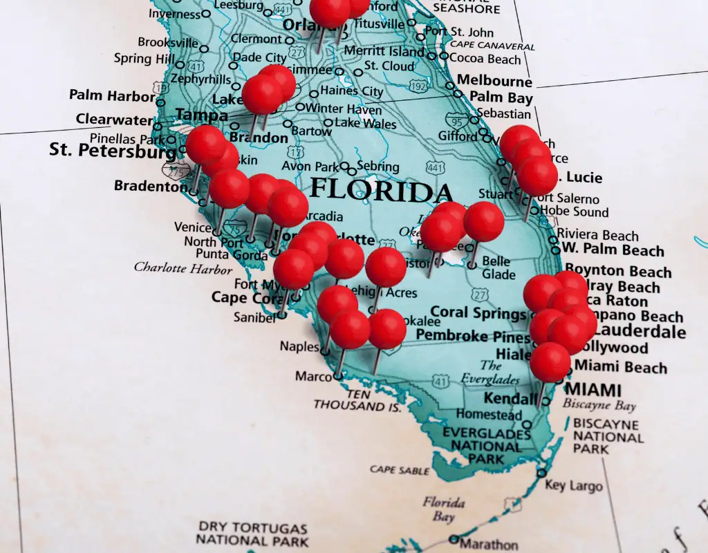 Map of Southwest Florida with pins in Cape Coral, Fort Myers, Naples, and Sarasota showing local POS support.