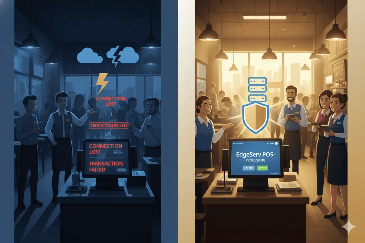 Side-by-side illustration showing a cloud-based POS failing during an AWS outage while EdgeServ POS continues running locally with staff serving customers smoothly.