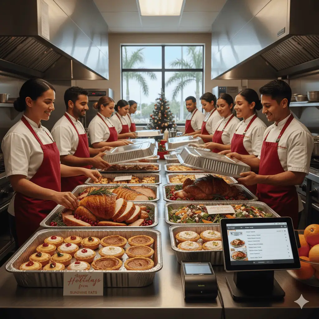 Restaurant staff using a Florida POS system to manage holiday catering orders with trays of food ready for delivery.