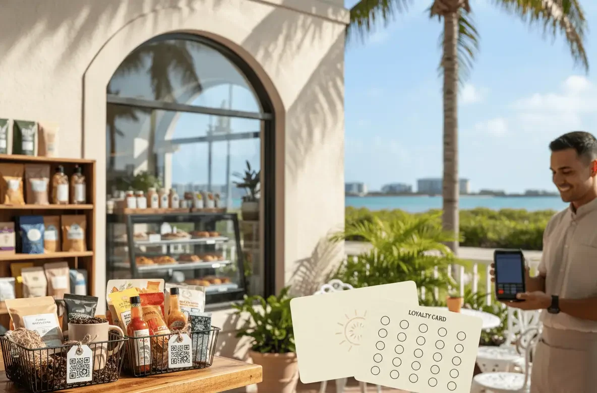 Gift baskets with QR tags, a loyalty card, and a server using a handheld POS on a sunny Florida patio.