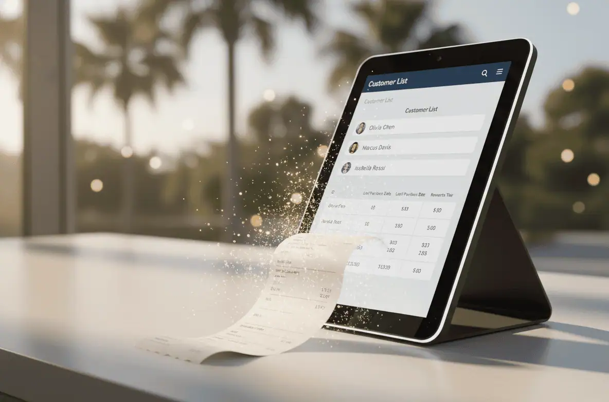 Receipt transforming into a POS tablet showing a clean customer list inside a Florida shop.