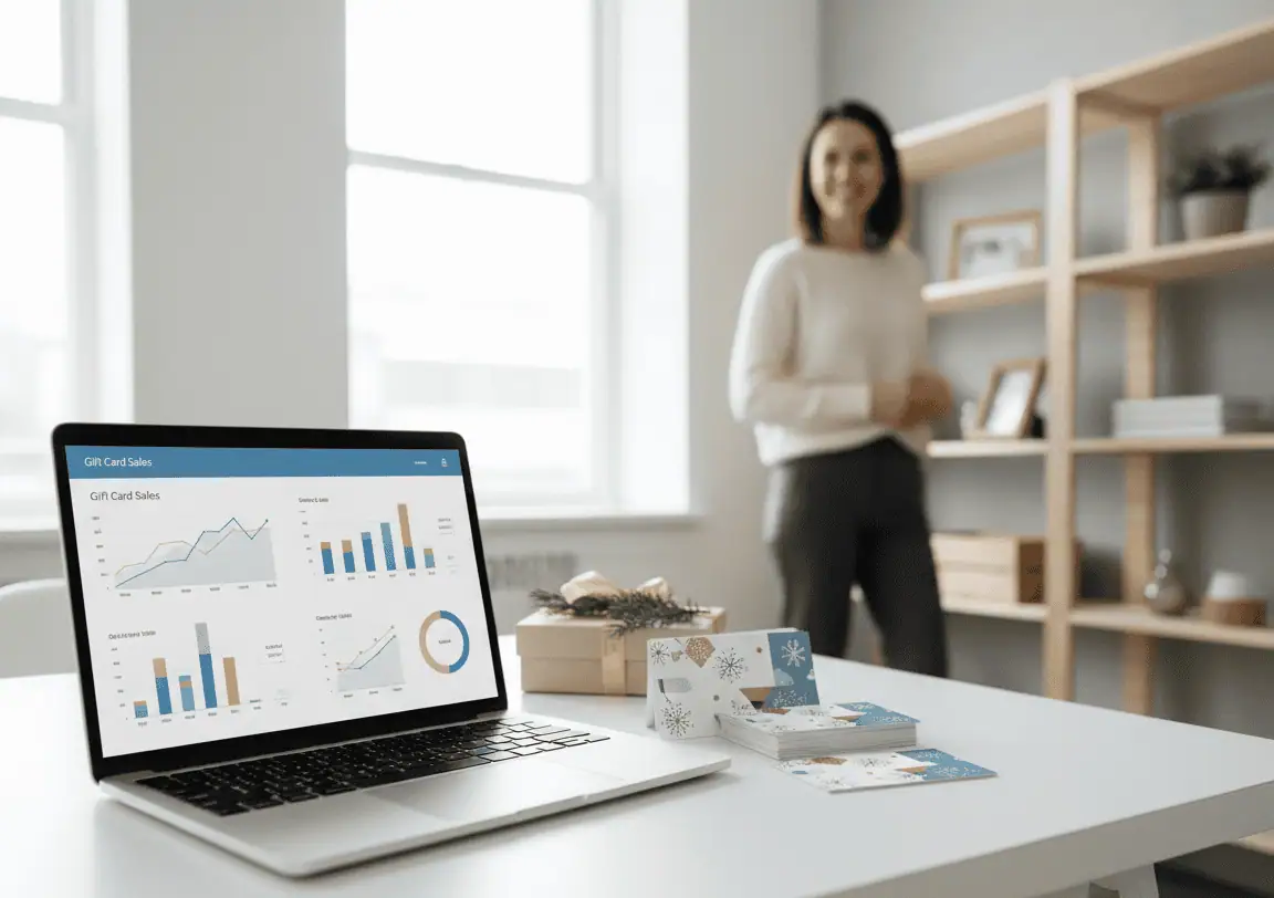 Small business owner viewing a digital gift card sales dashboard on a laptop and smartphone, boosting holiday sales in Florida