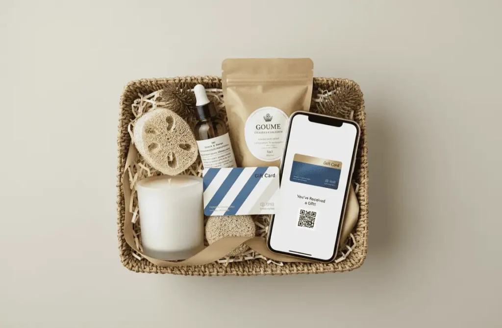 Holiday gift basket with a physical gift card and a smartphone showing a digital gift card for a local Florida small business