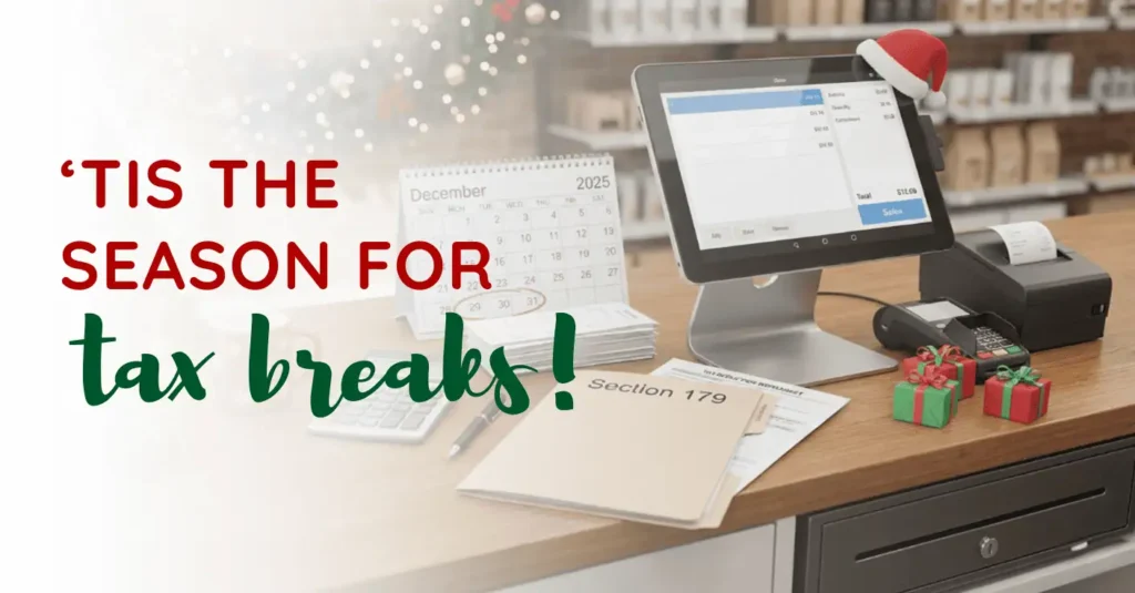 Holiday-themed POS counter with December 2025 calendar and “Section 179” folder, text “’Tis the season for tax breaks!”