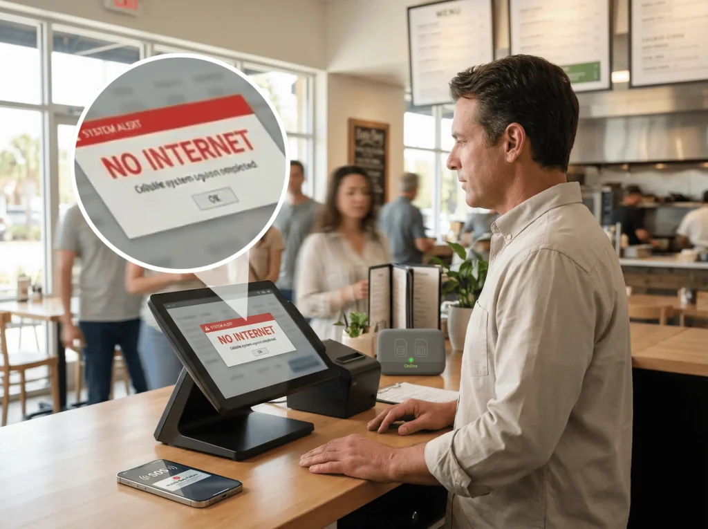 Restaurant POS shows “No Internet” while a customer waits, phone in SOS mode, backup router online.