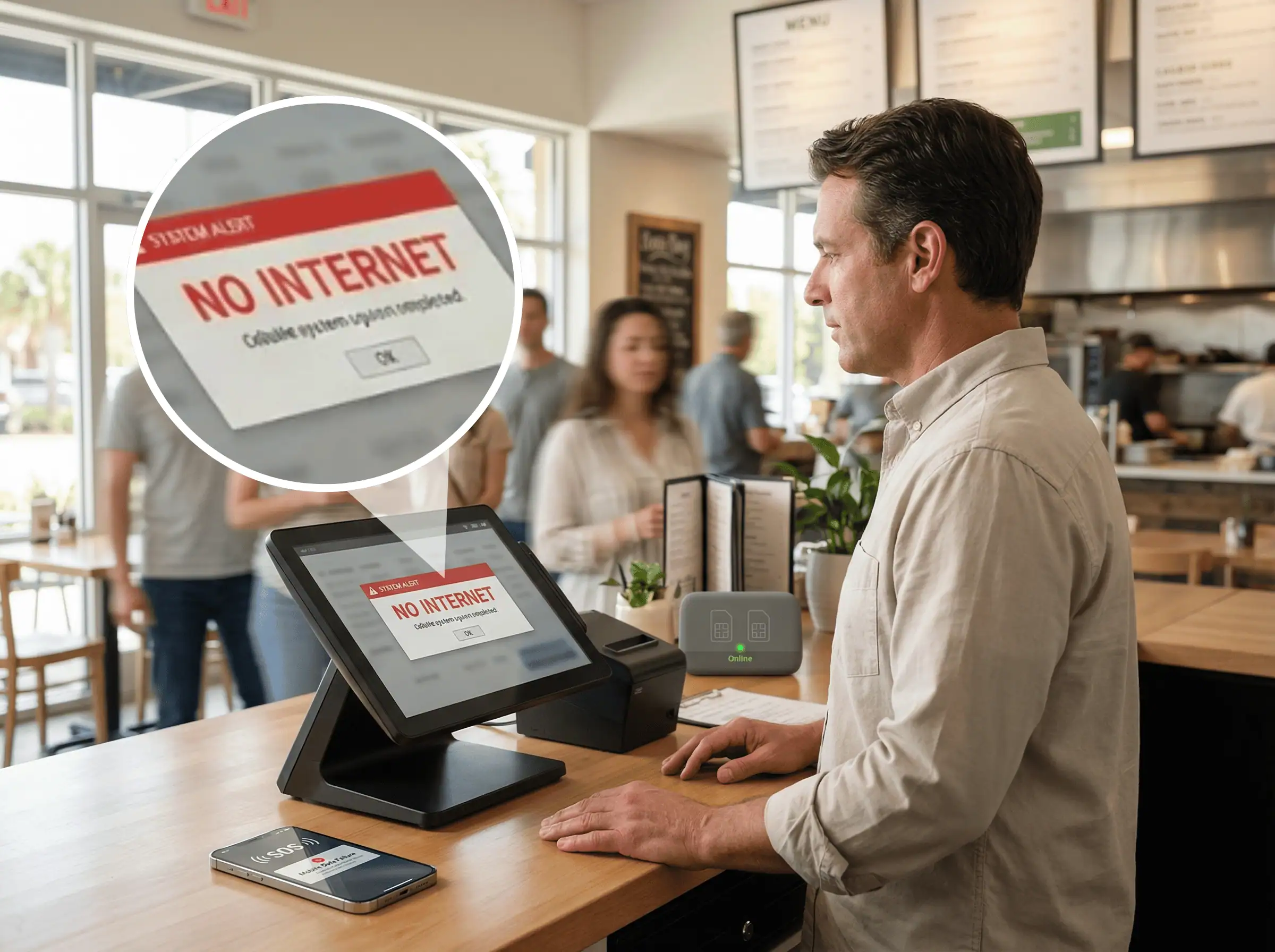 Restaurant POS shows “No Internet” while a customer waits, phone in SOS mode, backup router online.
