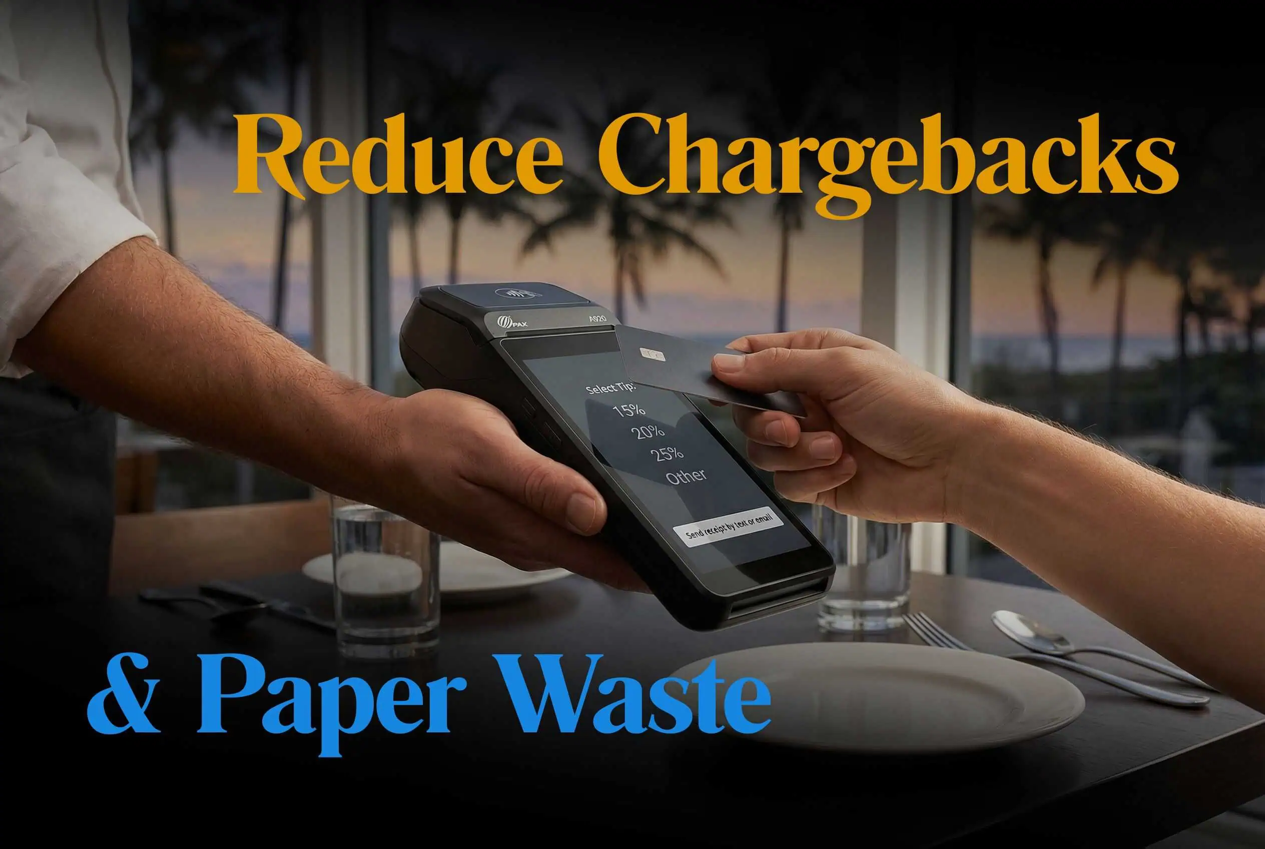 Guest taps card on a handheld pay at the table POS in a Florida restaurant while selecting a tip on screen