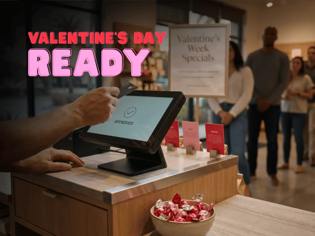 Customer taps card on POS terminal showing Approved during Valentine’s Week rush in a Florida shop.