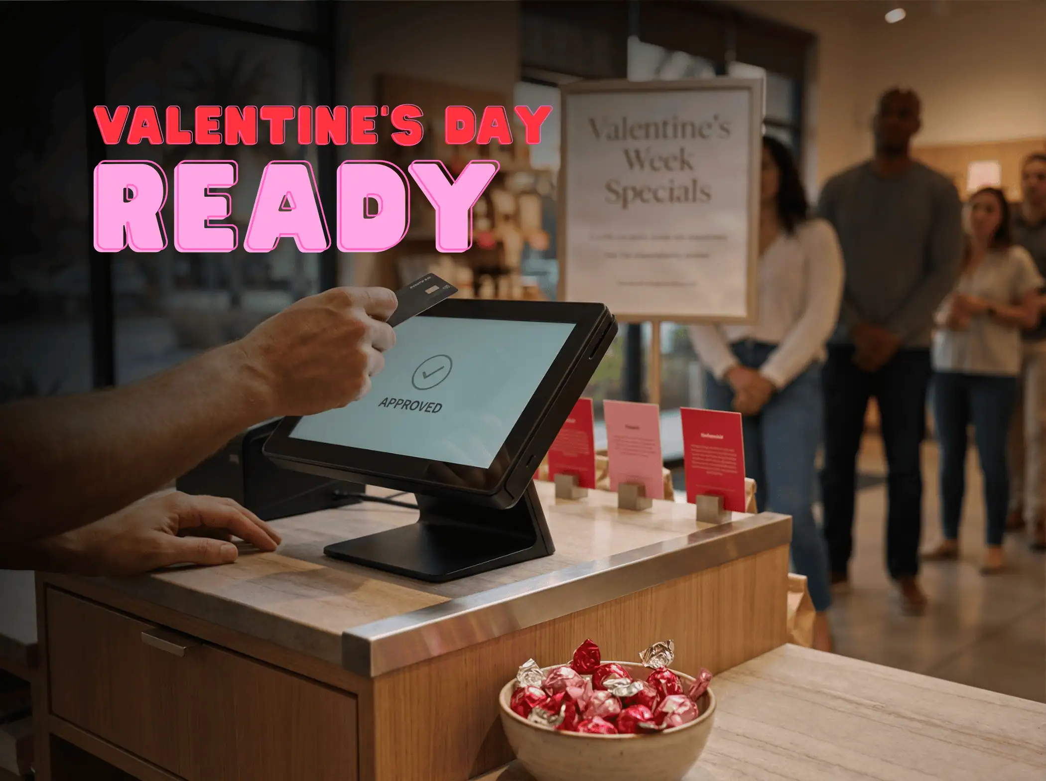 Customer taps card on POS terminal showing Approved during Valentine’s Week rush in a Florida shop.