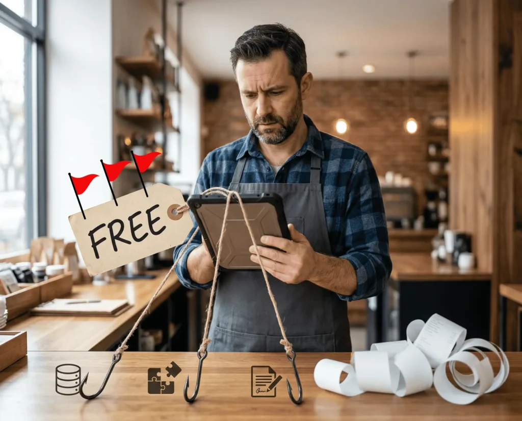 Small business owner reviews a tablet POS with a “FREE” tag and hooks showing hidden costs like data, add-ons, and contracts.