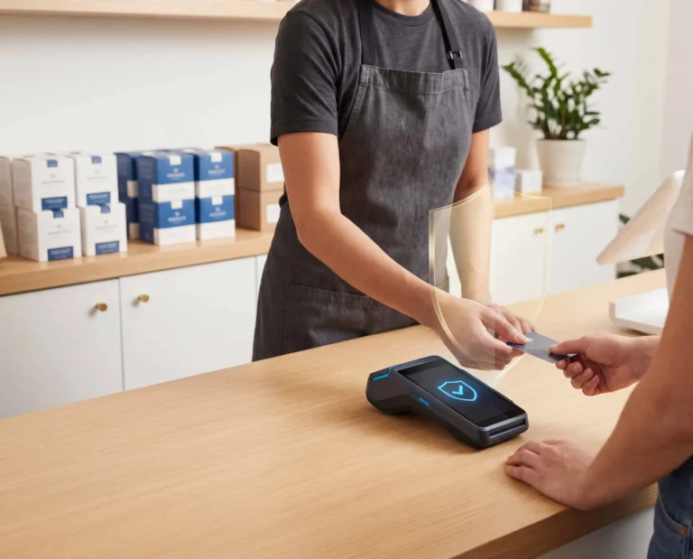 PCI-compliant payment terminal protecting customer transactions at a small business checkout counter.