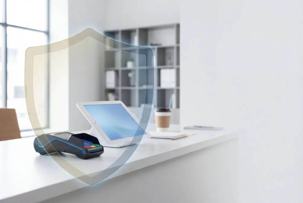 Secure PCI-compliant payment terminal and POS system protecting customer card data.