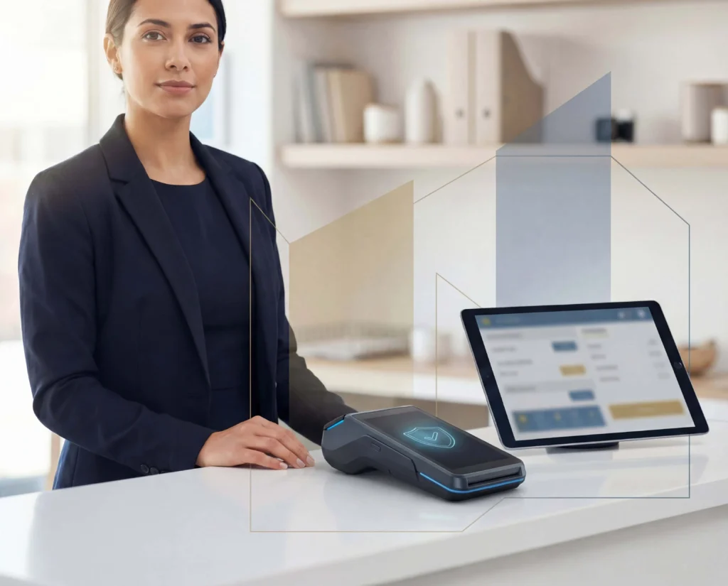 Business owner standing at a checkout counter with a PCI DSS 4.0–compliant payment terminal and secure POS system.