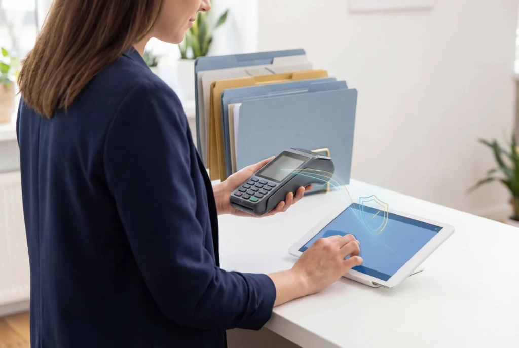 Small business owner using a POS system and payment terminal with simplified PCI-compliant payment processing.