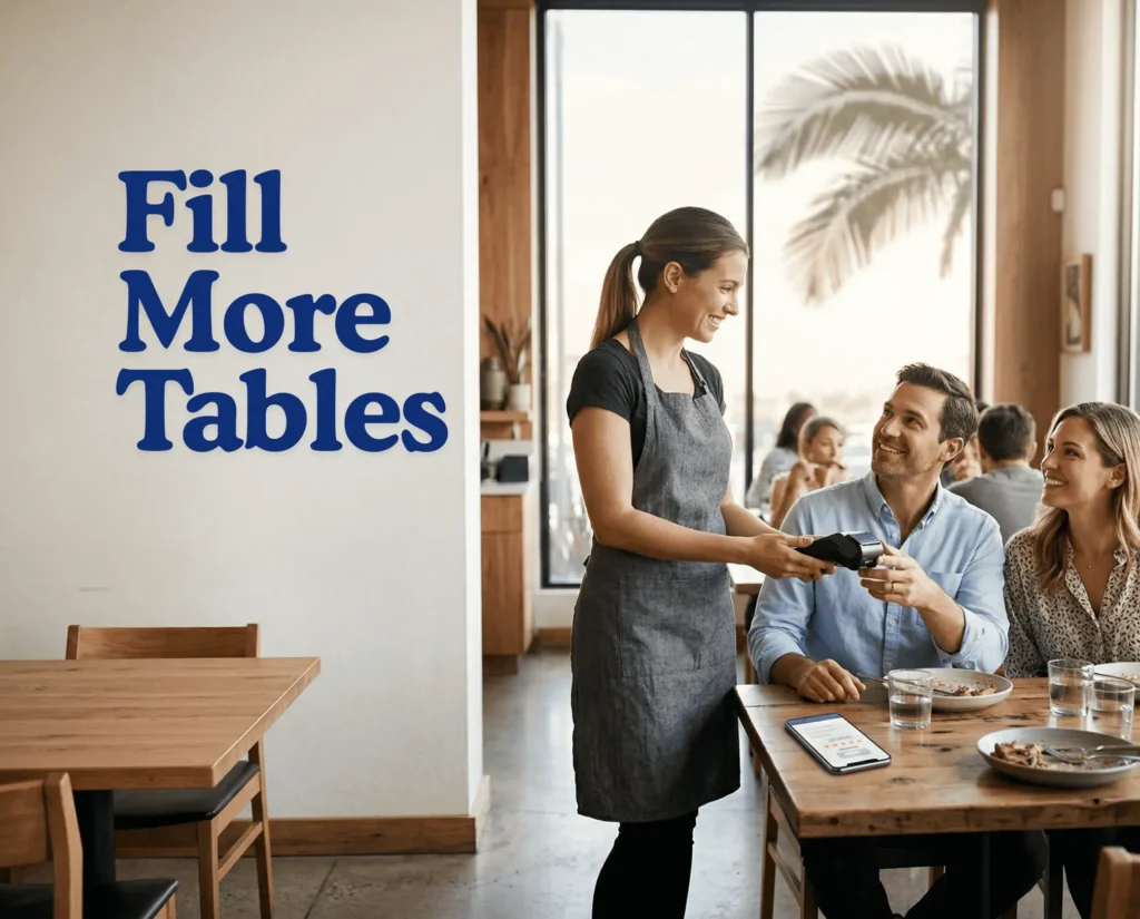 Server accepts payment at the table in a Florida restaurant while guests smile and a phone shows star reviews.