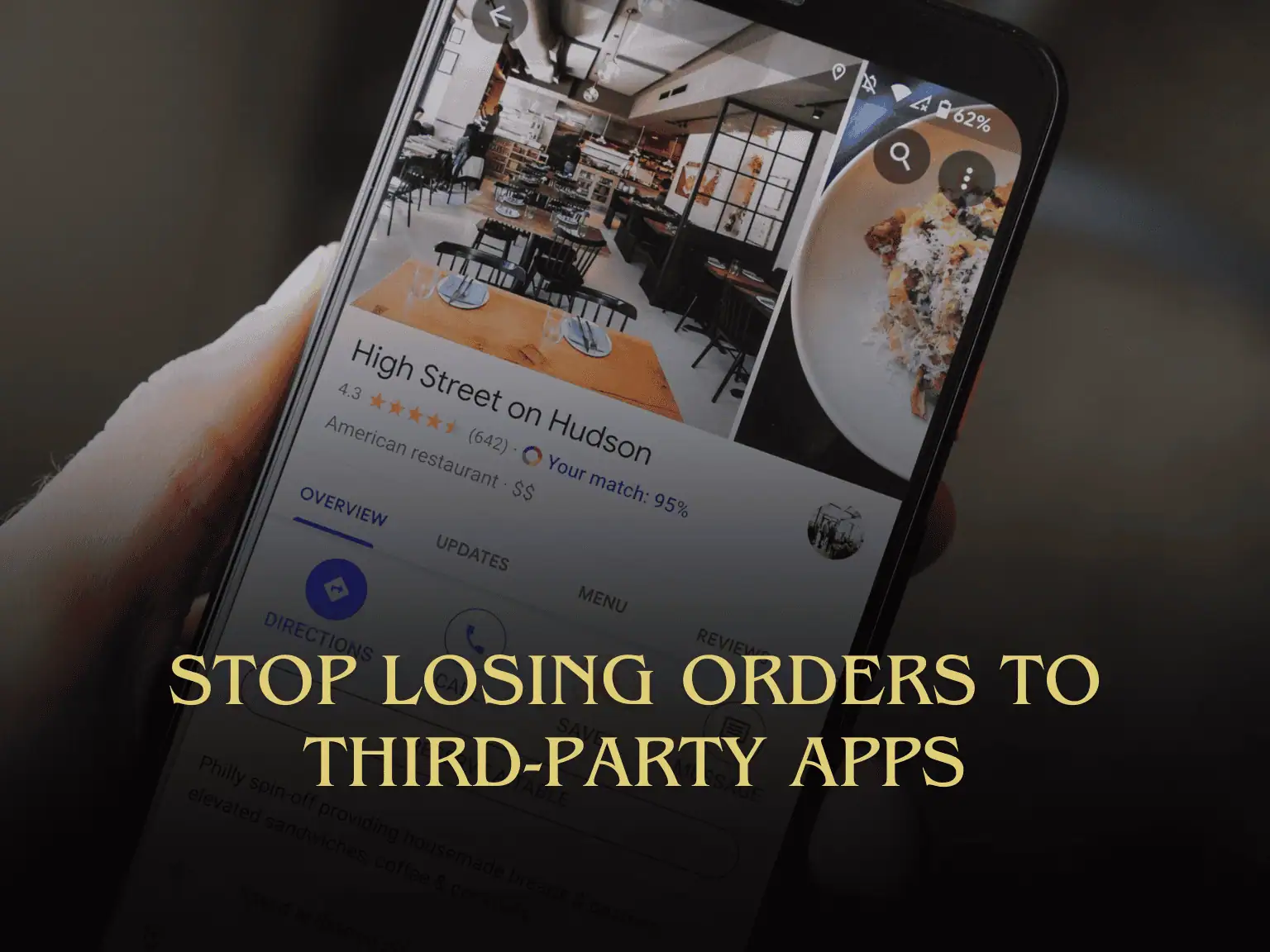 Restaurant Google Business Profile on smartphone showing how to stop losing orders to third-party apps and route pickup orders directly