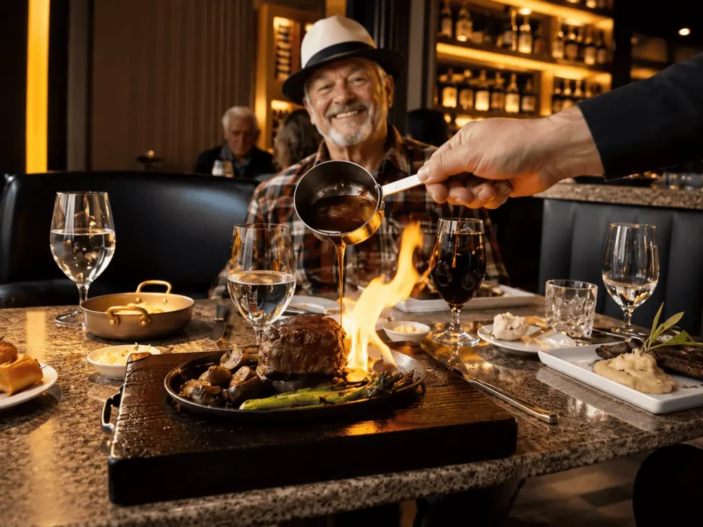 Happy restaurant customer enjoying a tableside dining experience with a modern POS-enabled restaurant service