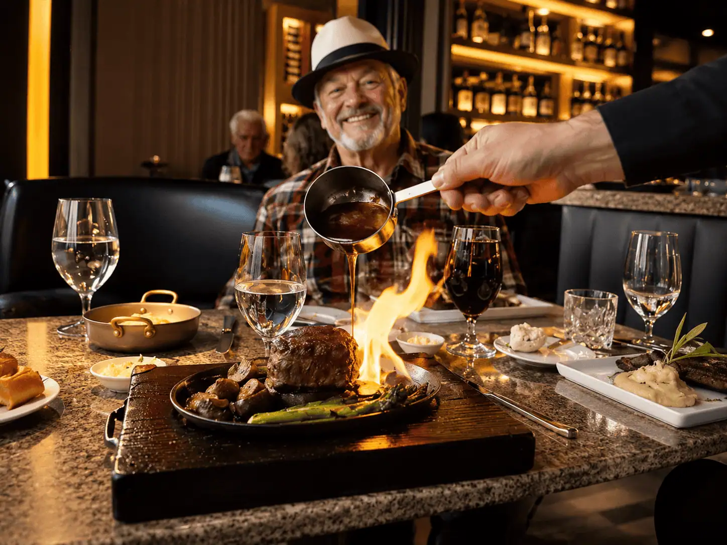 Happy restaurant customer enjoying a tableside dining experience with a modern POS-enabled restaurant service