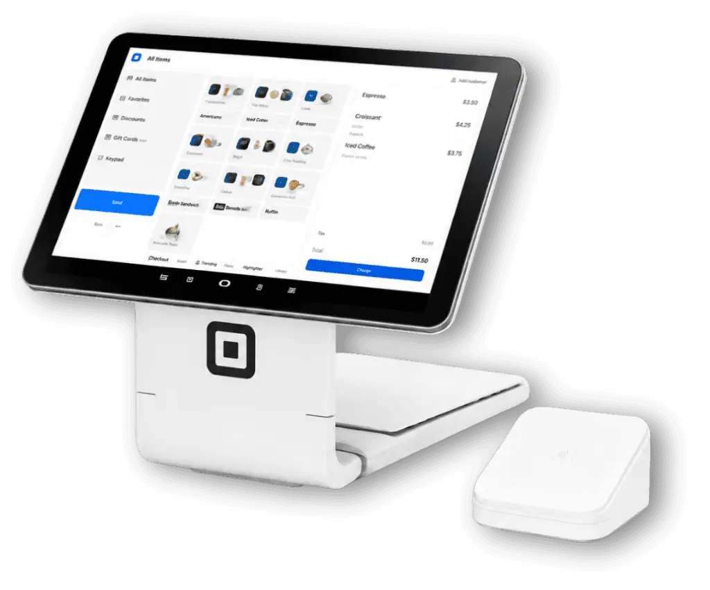 Square POS system with touchscreen register and contactless payment reader offered by Card Systems.