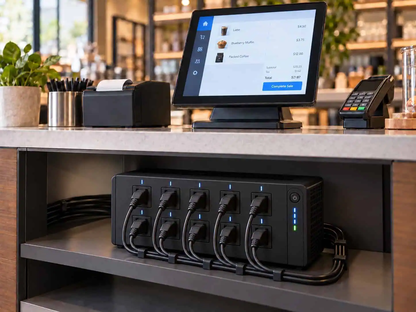 POS system connected to a 10-outlet UPS battery backup for dirty power protection