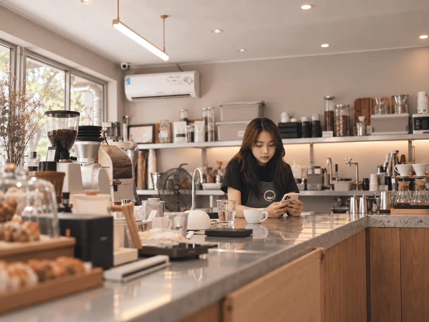 Restaurant employee using a smartphone to access earned wages early through a POS solution