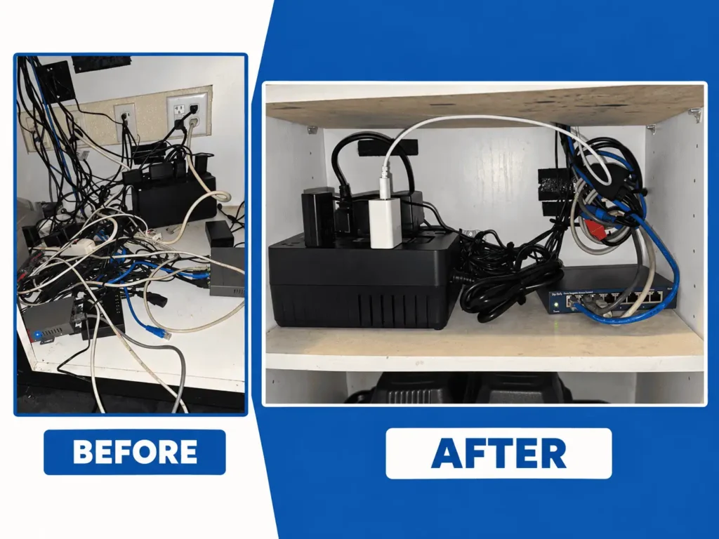 Business network before and after Card Systems cleanup, showing tangled cables beside organized network equipment.