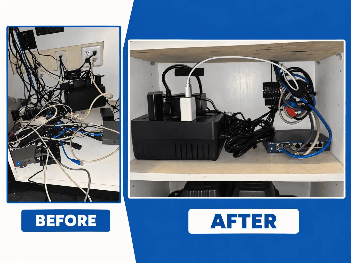 Business network before and after Card Systems cleanup, showing tangled cables beside organized network equipment.