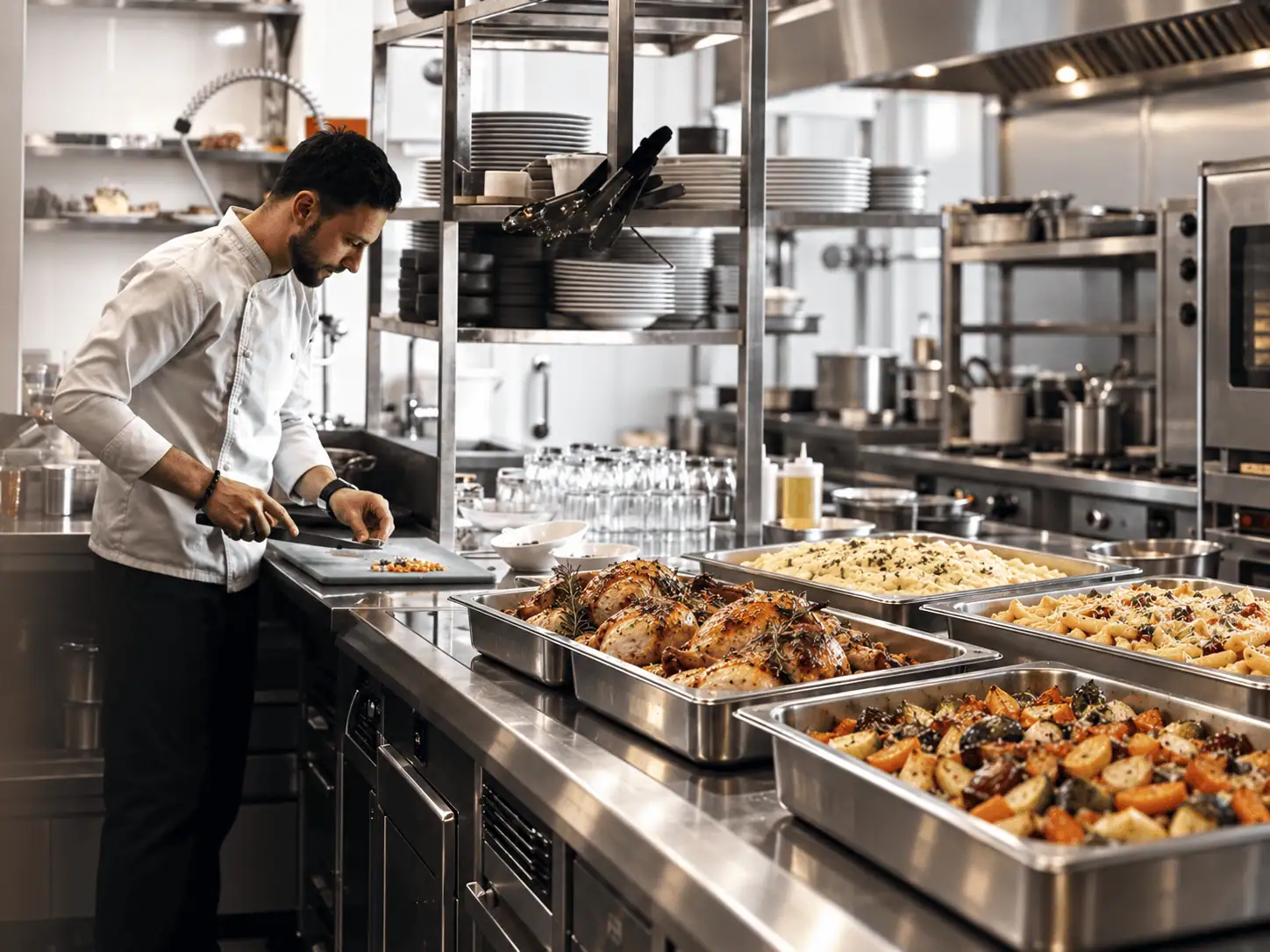 Chef preparing food beside catering trays filled with roasted chicken, vegetables, mashed potatoes, and pasta.